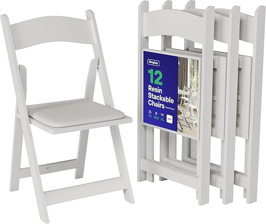 SIMPLEX 12 White Folding Chairs – Resin Stackable Foldable Chairs with Padded Seats – Comfortable White Folding Chairs for Indoor/Outdoor Events – Lightweight Resin Chairs (Set of 12)