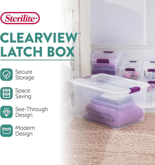Sterilite 24-Pack 66 Quart ClearView Latch Box, Stackable Organizer Bins with Latching Lids - Clear Plastic Organization Containers for Closet, Bedroom, Shelving Units and Everyday Home Storage