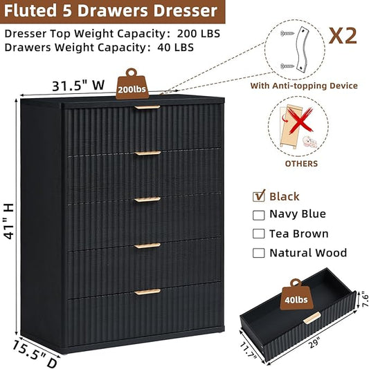LEYAOYAO Fluted 5 Drawers Dresser for Bedroom, 41" Tall Modern Chest of Drawers with Metal Handle, Curved Profile Design,Black Wood Drawer Organizer for Bedroom, Living Room, Hallway, Entryway