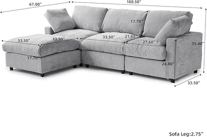 Cloud Sectional Couches for Living Room,100.5" Convertible L Shaped Couch with Ottoman, 4 Seater Modular Sectional Sofa,Deep Seater Furniture Sets,Gray