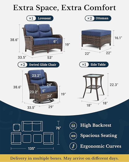 HILLGA Luxury Patio Furniture Set with 6-inch Thick Cushion, Outdoor Loveseat and High Back Swivel Rocker Patio Chairs, 6PCS Wicker Conversation Set for Deck Yard and Poolside, Blue (V2)