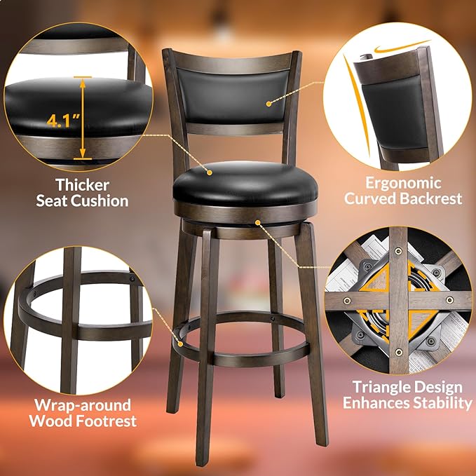 PrimeZone Swivel Bar Stools Set of 4, 30 Inch Bar Height Barstools, Black Faux Leather Bar Stool with High Backrest & Solid Wood Legs & Wrap-Around Footrest, Counter Stools for Kitchen Island, Pub