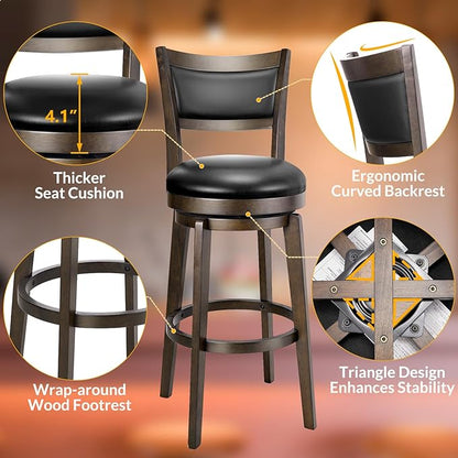 PrimeZone Swivel Bar Stools Set of 1, 30 Inch Bar Height Barstools, Black Faux Leather Bar Stool with High Backrest & Solid Wood Legs & Wrap-Around Footrest, Counter Stools for Kitchen Island, Pub