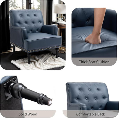 MOJAY PU Leather Accent Chair, Mid-Century Armchair Living Room Sofa Chair with Rubber Wood Leg, Club Chair with Rivet Trim for Bedroom Reading Room Reception (DarkBlue)
