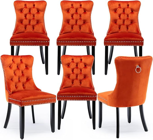 Velvet Upholstered Dining Chairs Set of 6, Modern Style Kitchen Side Chairs with Nailhead Trim and Wood Legs,Metal Pulling Ring for Dining Room Living Room(Orange,Set of 6)