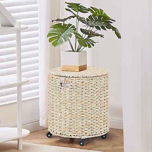 Wimarsbon Round Pouf Ottomans, Handwoven Natural Water Hyacinth Seagrass Pouffe,Outdoor Rattan Stool Accent Seat, Bohemian Coastal Home Decor (Storage Ottoman - Corn Husk)