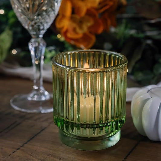 Kate Aspen Vintage Ribbed Glass Candle Holder Decor, Green Votive Candle Holders for Holiday Table Decor, Tealight Candles Holder Glass (Set of 6), Dinning & Christmas Table Decoration (Pack of 6)
