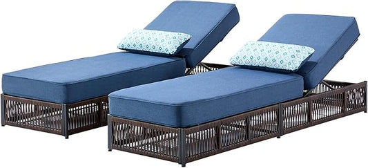 Luxury Outdoor Chaise Lounges with 5 Inch Thickened Cushions - Set of 2 High Back Brown Wicker Patio Recliners Rattan Reclining Chairs Porch Poolside Pool Sunbathing Lounger - Navy Blue