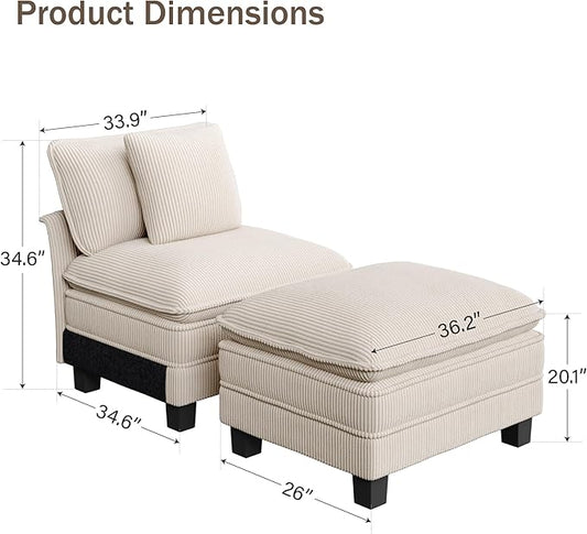 PHI VILLA Indoor Lounge Sofa Chair, One-Person Oversized Sectional Sofa with Ottoman, Single Chaise with Upholstered Deep Seat for Bedroom Reading, Corduroy Fabric, Beige