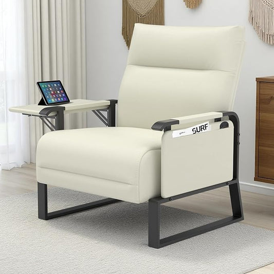 Upholstered Accent Chair, Modern Faux Leather Sofa Chair with Foldable Side Tray Table & Storage Pocket, Small Accent Sofa for Living Room, Bedroom, Reception Room, Beige