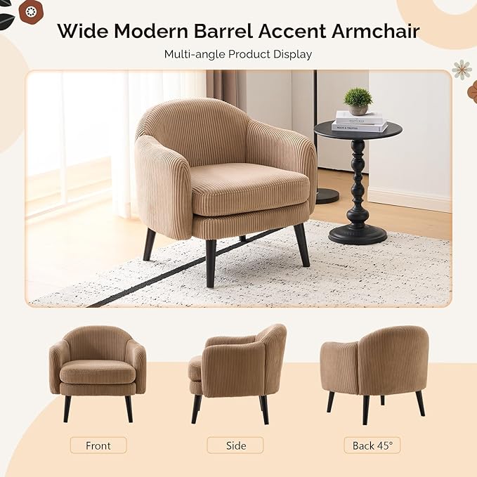 VINGLI 30.3" Wide Modern Barrel Accent Armchairs Set of 2 with Track Armrest, Solid Wooden Legs, Comfy Upholstered Club Chairs, Single Home Sofa for Living Room, Bedroom, Reading Room, Corduroy Khaki