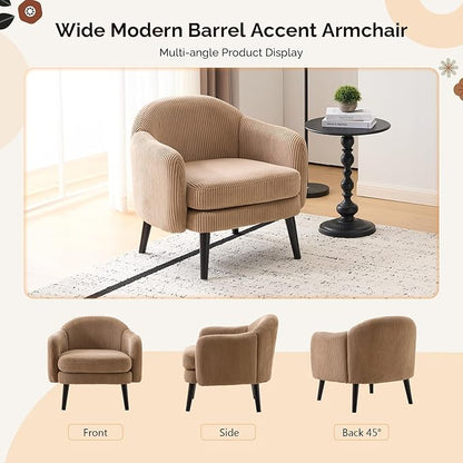 VINGLI 30.3" Wide Modern Barrel Accent Armchair with Track Armrest, Solid Wooden Legs, Comfy Upholstered Club Chair, Round Single Home Sofa for Living Room, Bedroom, Reading Room, Corduroy Khaki