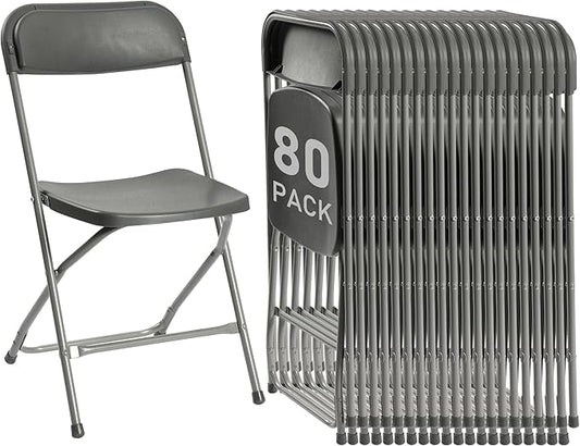 80 Pack Plastic Folding Chairs, Portable Party Chairs, Stackable Commercial Seats with Steel Frame for Home Office Wedding Party Indoor Outdoor Events Chairs, 350lbs Capacity,Gray