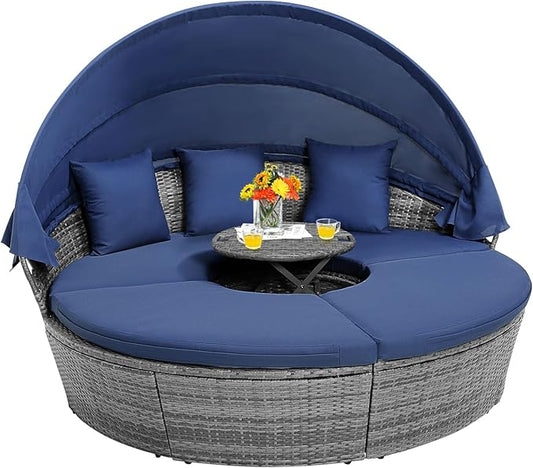 COSTWAY Patio Round Daybed with Retractable Canopy, Wicker Furniture Sectional Couch with Separate Cushioned Seats, Adjustable Table Top, Patio Rattan Daybed Set for Patio, Backyard, Poolside (Navy)