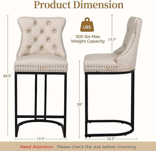 Counter Height Bar Stools Set of 3 for Kitchen Island, Modern Bar Stools with Backs, 26 Inch Barstools with Upholstered Faux Leather Seat and Metal Frame, Beige