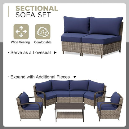 COOS BAY Aurora Terrace Half-Moon Outdoor Furniture Set, Rattan Conversation Set with Swivel Rockers, Curved 4-Seat Sofa, Coffee Table & Side Table, Seats 6, Beige/Blue