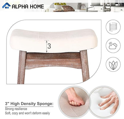 ALPHA HOME Bar Stools Set of 4, Solid Wood Saddle Kitchen Stools with Beige Linen Fabric Cushion Counter Height Barstools with Vintage Farm Wooden Base for Kitchen Dining Cafe, 24 Inch, Beige, 4PCS