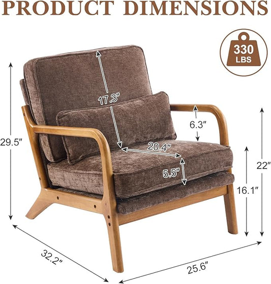 Karl home Mid Century Modern Accent Chair with Lumbar Pillow & Oak Arms – Plush Chenille Living Room Chair for Bedroom, Lounge (Brown)