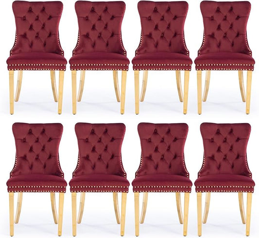 Velvet Upholstered Dining Chairs Set of 8, Modern Style Kitchen Side Chairs with Nailhead Trim and Gold Plated Leg, Metal Pulling Ring for Dining Room Living Room(Wine Red-Gold Plated Leg)
