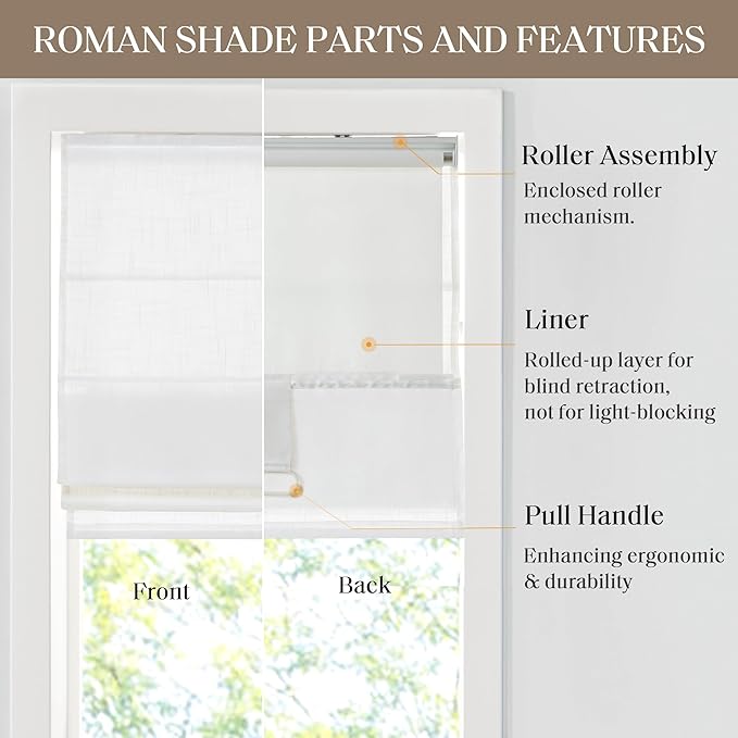 Madison Park Kyler Cordless Roman Shades - Single Panel, Lightweight Linen Blend Fabric, Natural Design, Easy Installation, Light Filtering Window Blind, Bedroom, Living Room Decor 27"W x 64"H White