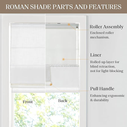 Madison Park Kyler Cordless Roman Shades - Single Panel, Lightweight Linen Blend Fabric, Natural Design, Easy Installation, Light Filtering Window Blind, Bedroom, Living Room Decor 34"W x 64"H White