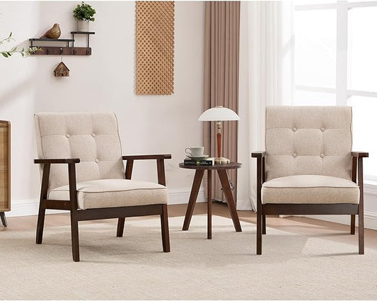 ANJ Mid Century Modern Accent Chairs Set of 2, Tufted Fabric Armchair with Solid Wood Frame, Comfy Retro Side Chair Reading Chair for Living Room, Bedroom，Beige