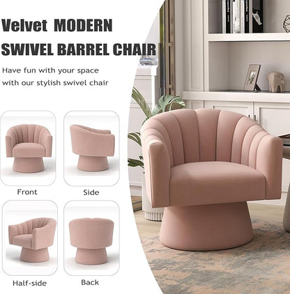 Swivel Accent Chair Set of 2, Upholstered Velvet 360° Swivel Barrel Chair for Living Room Overstuffed Bouncle Reading Chair Round Armchair for Bedroom,Vanity,Office (Pink)