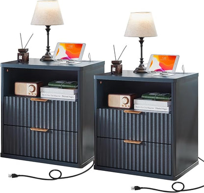 LEYAOYAO Fluted Farmhouse Nightstand Set of 2 with Charging Station, 23" Wide 2 Drawers End Table,Navy Blue Dresser for Bedroom,Bed Side Table Chest of Drawers Cabinet,Wood Night Stand for Living Room