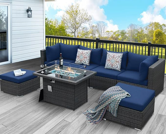 NICESOUL 7 Piece Outdoor Sectional Sofa Set with Firepit Natural Gas & Propane Convertible, Oversized Deep Seating Patio Furniture for Tall Person, 2 Color Cushion Navy & Gray for Easy Maintenance