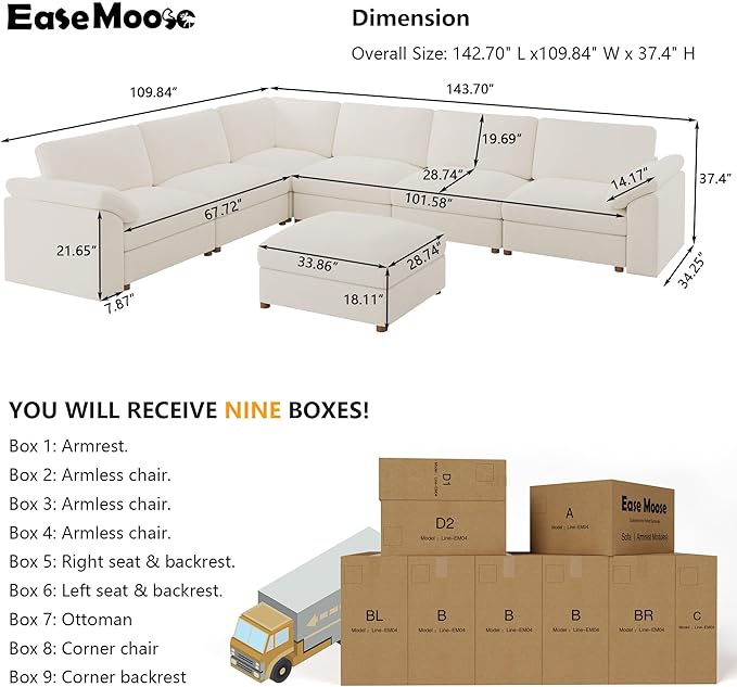 EASE MOOSE Oversized L Shape Sectional Couch,Extra Large Deep seat Gray Sectional Modular Sofa for Living Room,White