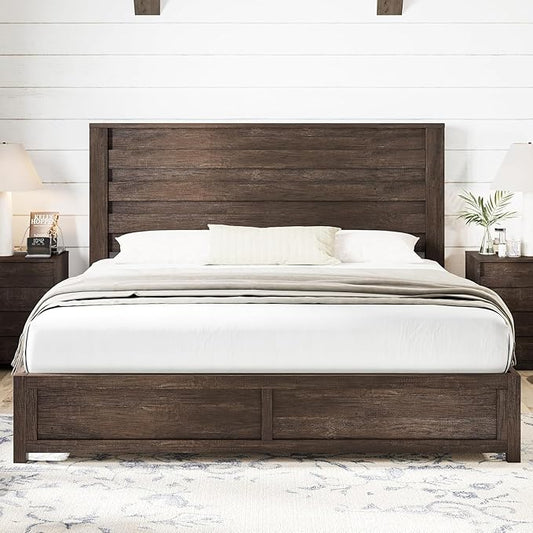 AMERLIFE Farmhouse King Platform Bed Frame with 49" Fluted Headboard, Wooden Bed with Natural Grain Finish, Noise-Free, No Box Spring Required, Easy Assembly, Grey