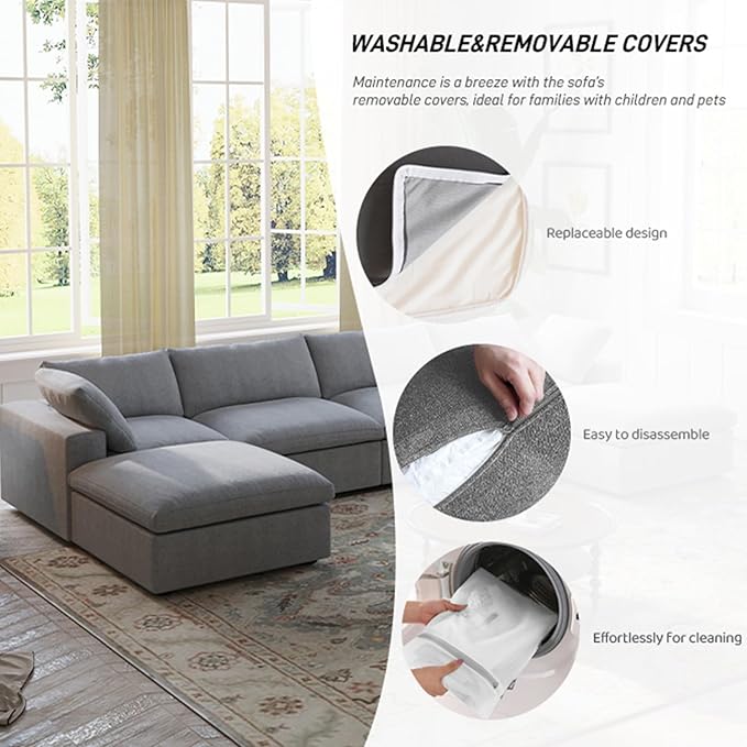 Cloud Couch Modular Sectional Sofa with Storage Ottoman,160.6" L Shaped Couch for Living Room,Down Filled 5 Seater Gray Convertible Sectional Sofas,Covers Washable&Replaceable