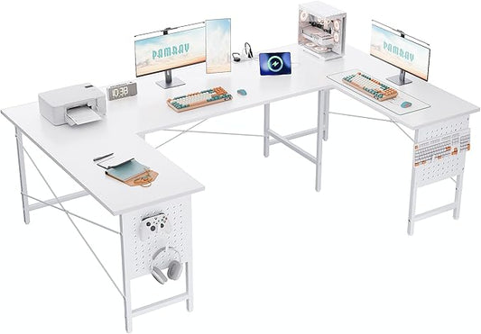 Pamray 71 Inch Large Computer Desk with Power Outlets,U Shaped Corner Desk for Home Office Work and Gaming White