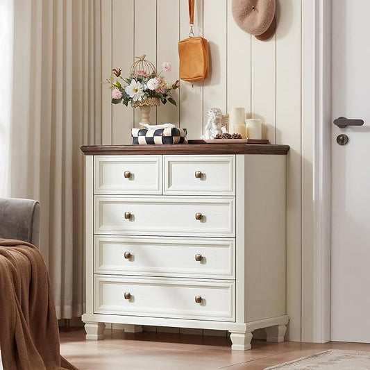 Farmhouse Bedroom Dresser and Nightstand Set of 4, 6 Drawer Tall & 5 Drawers Dresser & 3 Drawer Nightstand Set with Wooden Legs, Rustic Wood Bedroom Furniture for Livingroom, Hallway, White