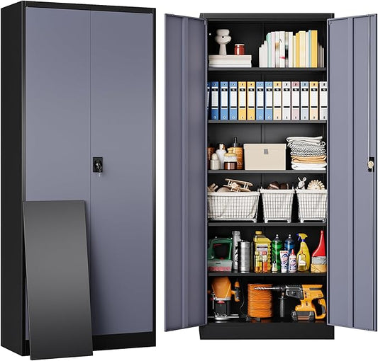 SISESOL Metal Storage Cabinet with 2 Doors and 6 Shelves,Gray Metal Cabinet with Lock,71" Lockable Garage Storage Cabinets,Locking Steel Cabinets for Home,Office,Garage,School