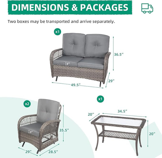 VIVIJASON 4-Piece Outdoor Patio Wicker Conversation Sets, All Weather Outdoor Rattan Furniture Set Includes Glider Loveseat, Coffee Table, 2 Glider Rocker Chairs w/Cushion for Lawn Balcony, Grey