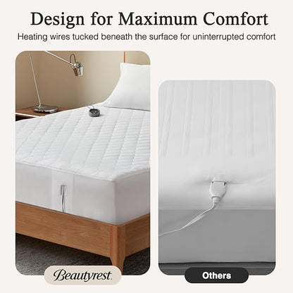 Beautyrest 3M Scotchgard Heated Mattress Pad - Electric Bed Warmer with 5 Heat Settings, 10 Hr Auto Shut Off Timer, All Around Elastic Deep Pocket, UL Certified, Machine Washable, White Twin XL