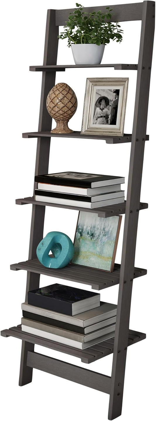 5-Tier Ladder Shelf - 50-Inch Narrow Leaning Bookshelf - Wooden Bookcase for Living Room, Bathroom, Kitchen, Office, or Bedroom Furniture by Lavish Home (Gray)