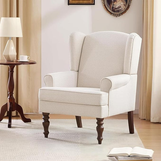 HUIMO Living Room Chair Upholstered High Back Armchair Retro Printed Wingback Chair in Linen for Bedroom & Study Comfy Accent Sofa Chair Reading Chair Holds 300lbs (Navy Blue) (1, Tan with Lines)