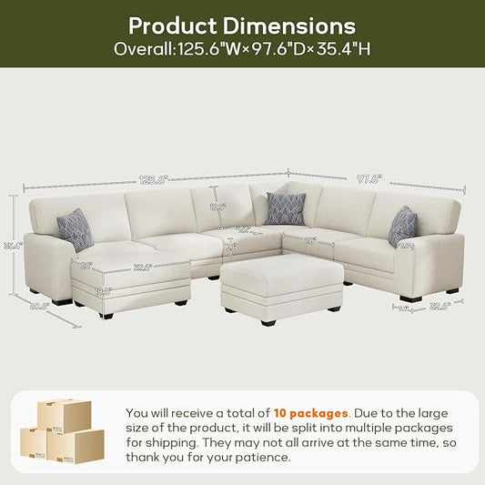 Wanderwell Oversized Modular Sectional Sofa, 8-Seater U Shaped Couches with Movable Ottoman,Corduroy Sectional Couch with Wide and Deep Seats Suitable for Living Room,Bedroom,Apartment (Cream, U-8)
