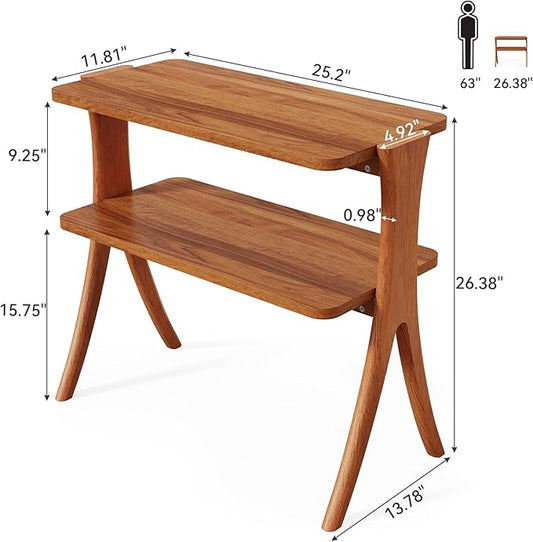 LITTLE TREE Narrow Side Table, 2-Tier Farmhouse End Table with Solid Wood Legs, Small Side Table, Space-Saver for Living Room, Bedroom, Entryway (Walnut)