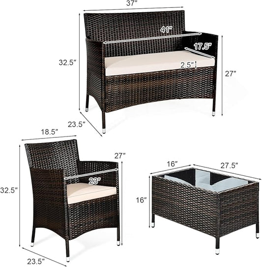 COSTWAY 4PCS Rattan Patio Furniture Set, Outdoor Wicker Rattan Chairs with Coffee Table, Rattan Cushioned Conversation Set for Backyard Balcony Porch Poolside, Brown