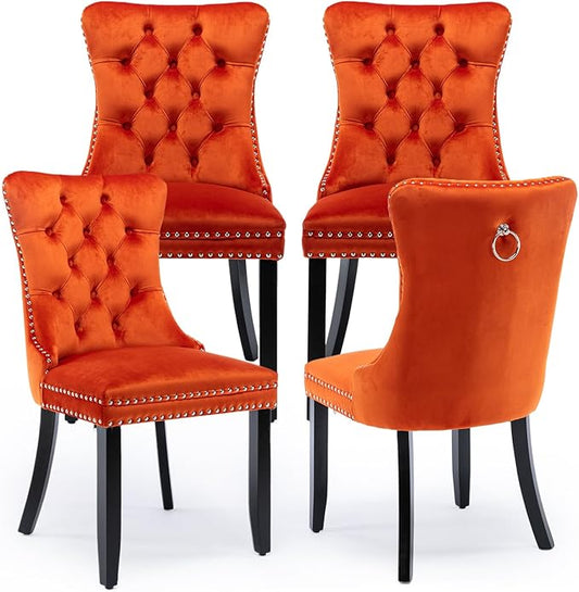 Velvet Upholstered Dining Chairs Set of 4, Modern Style Kitchen Side Chairs with Nailhead Trim and Wood Legs,Metal Pulling Ring for Dining Room Living Room(Orange,Set of 4)