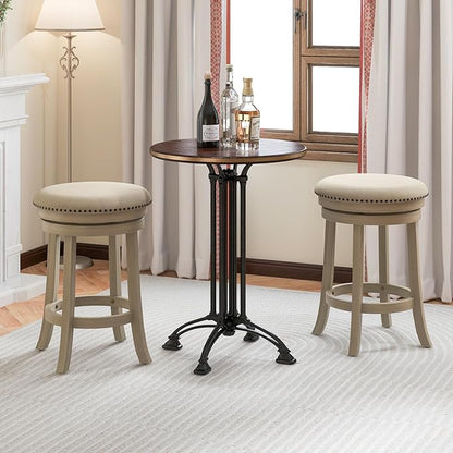 COSTWAY 360° Swivel Bar Stools Set of 4, 26.5-inch Height Upholstered Round Barstools with Wooden Frame, Seat and Footrest, Backless Solid Wood Counter Stools for Kitchen Island Bistro Pub, Beige