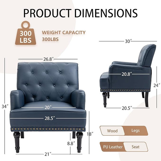 MOJAY PU Leather Accent Chair, Mid-Century Armchair Living Room Sofa Chair with Rubber Wood Leg, Club Chair with Rivet Trim for Bedroom Reading Room Reception (DarkBlue)