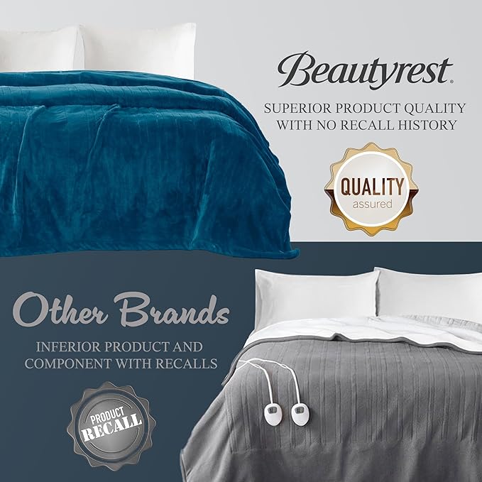 Beautyrest Heated Electric Blanket for Cold Weather, Fast Heating Heated Blanket, Auto Shut Off, Virtually Zero EMF, Multi Heat Setting, UL Certified, Teal Twin (84 inx62 in)