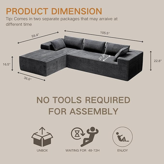 Kingdura 105.5'' Cloud Sectional Couch with L-Shape Chaise, Grey Modern Modular Sofa with Deep Seat, Corduroy Fabric, No Assembly Required, Upholstered Couches for Living Room Bedroom