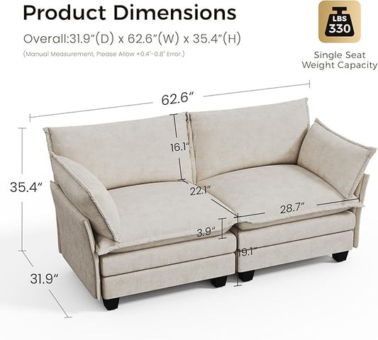 KKL Modular Sectional Sofa, Loveseat 2 Seater Cloud Couch, Chenille Modern Sectional Couches for Living Room, Apartment Beige