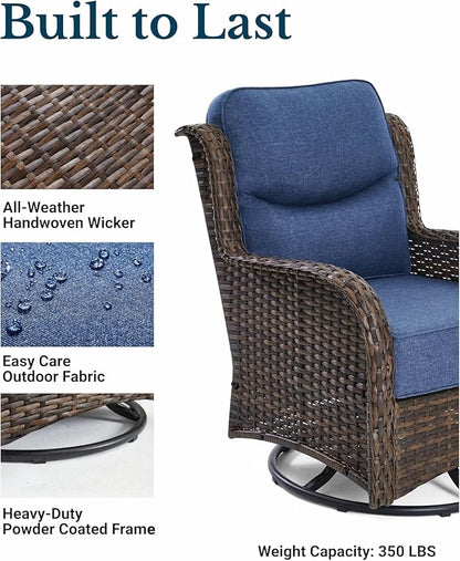 HILLGA Luxury Patio Furniture Set with 6-inch Thick Cushion, Outdoor High Back Swivel Rocker Patio Chairs, 6PCS Wicker Conversation Set for Deck Yard and Poolside, Blue (V2)