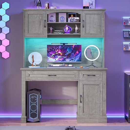 Farmhouse 47" Executive Desk with Hutch, 2 Drawers and LED Light, Computer Desk with Storage Cabinet and Charging Station,Workstation for Home Office and Study.Grey